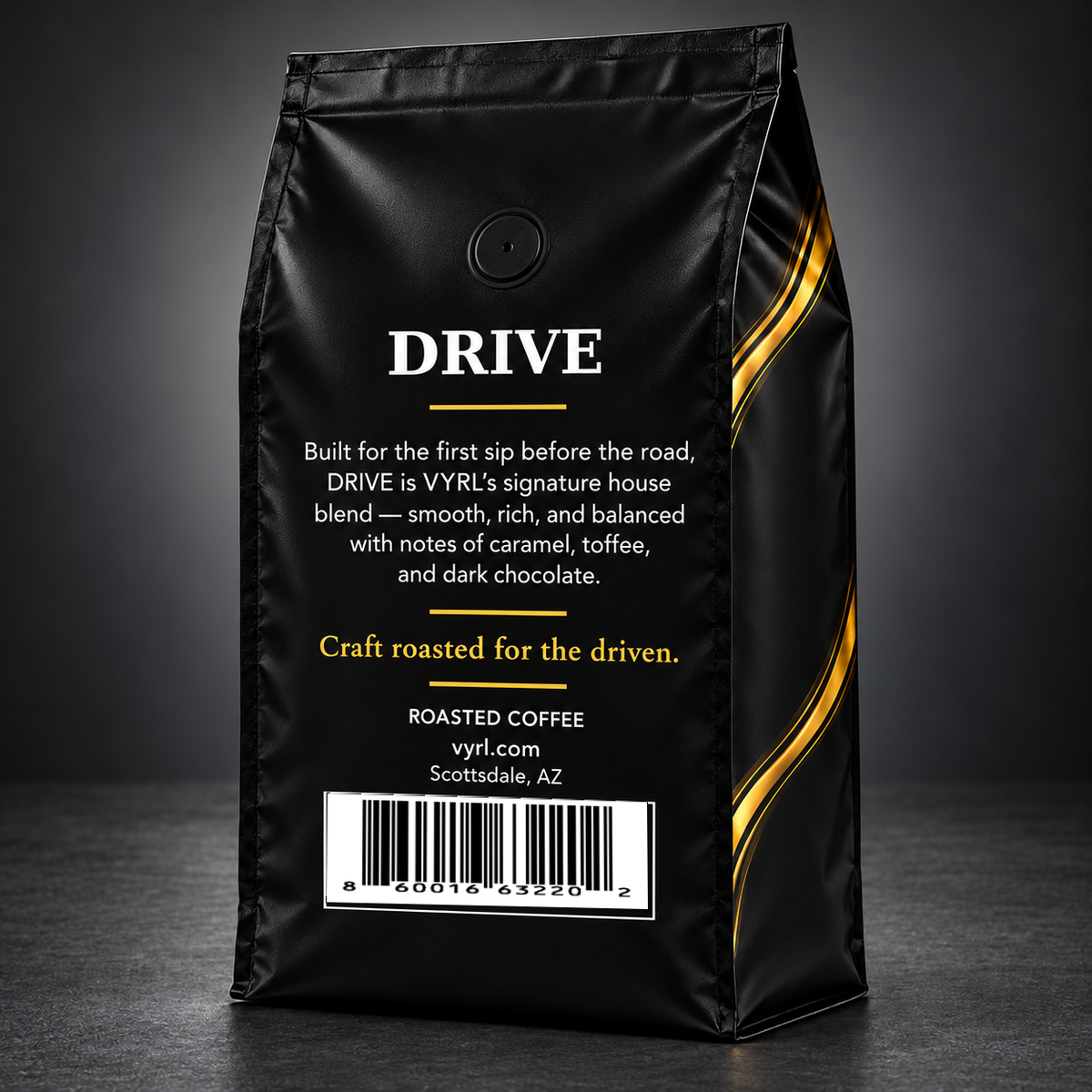 VYRL DRIVE coffee bag back with official UPC barcode