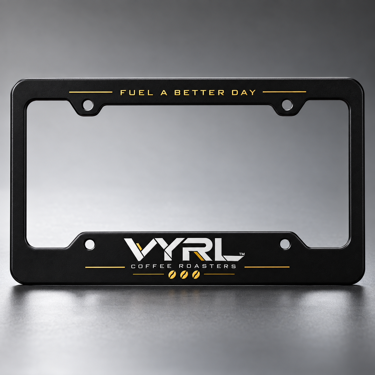 VYRL black and gold license plate frame