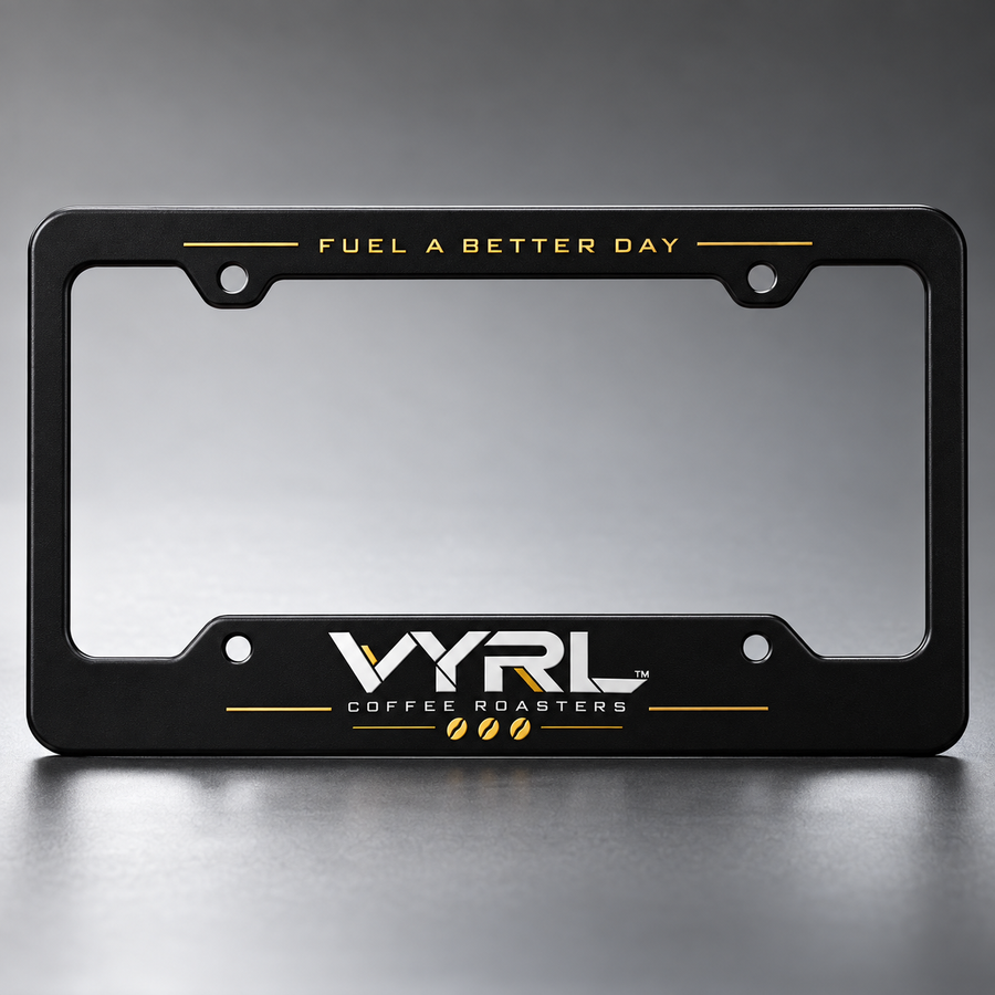VYRL black and gold license plate frame
